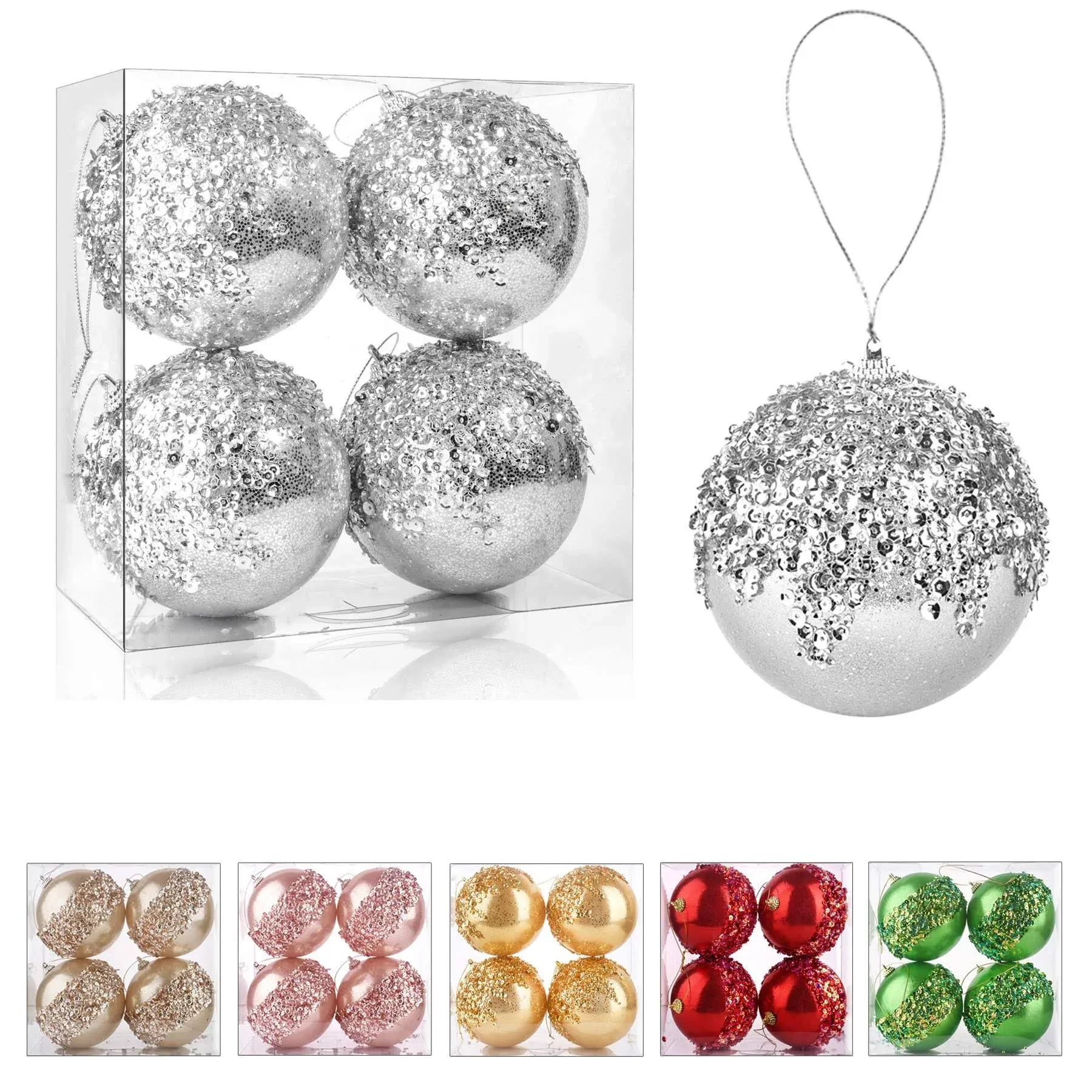 4" Christmas Ball Ornaments, 4pc Set Silver Shatterproof Christmas Decorations ...