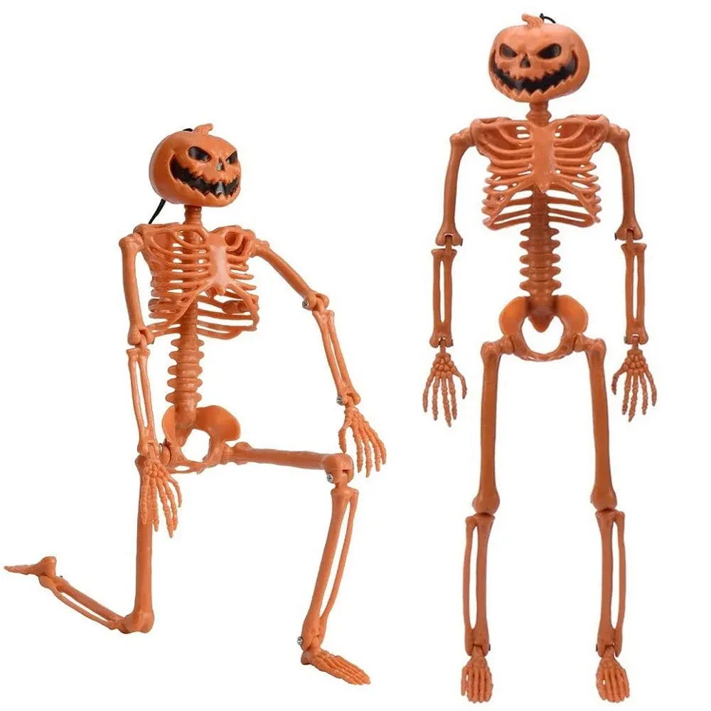 Cool Halloween Decor - 1/2pcs Posable Full Body Thanksgiving Pumpkin Head Skull Skeleton with Movable Joints Mini Figure Toy for Halloween Decoration, 16" Tall, Orange