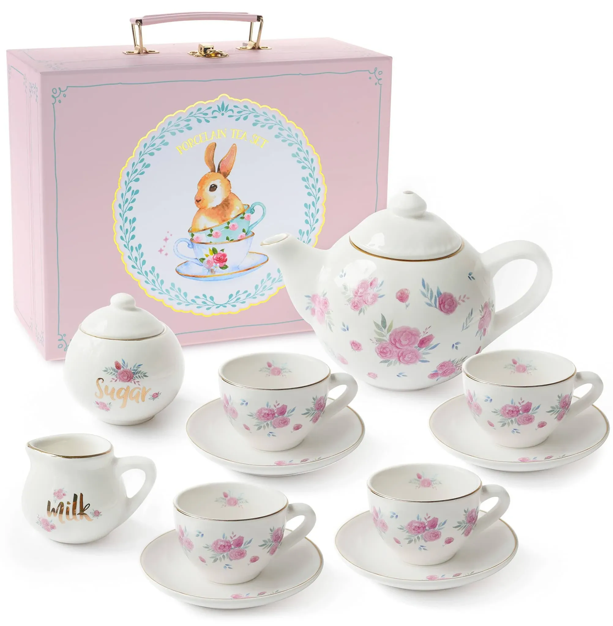 Jewelkeeper Tea Set for Little Girls - 13-Piece Porcelain Tea Party Set with Polka Dot Design - Safe and Durable Toy Kids Tea Set with Carrying Case - Ideal Gift for Kids