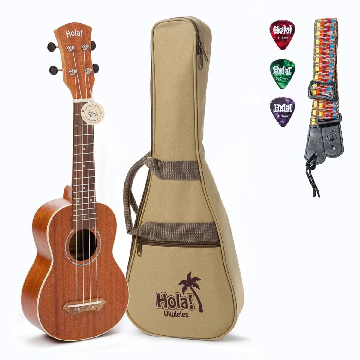 Hola! Music HM-121BU+ Deluxe Mahogany Soprano Ukulele Bundle with Aquila Strings, Padded Gig Bag, Strap and Picks - Teal