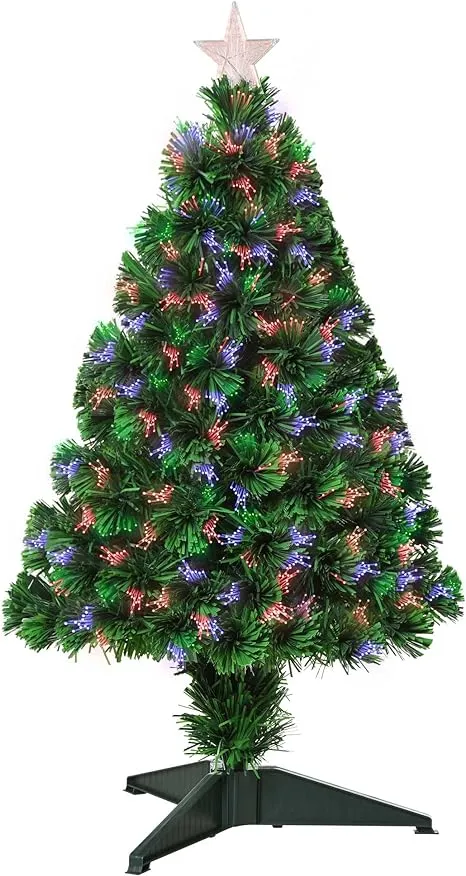 HOMCOM 2.5ft Tall Pre-Lit Douglas Fir Tabletop Artificial Christmas Tree with Realistic Branches, Fiber Optic LED Lights and 85 Tips, Green