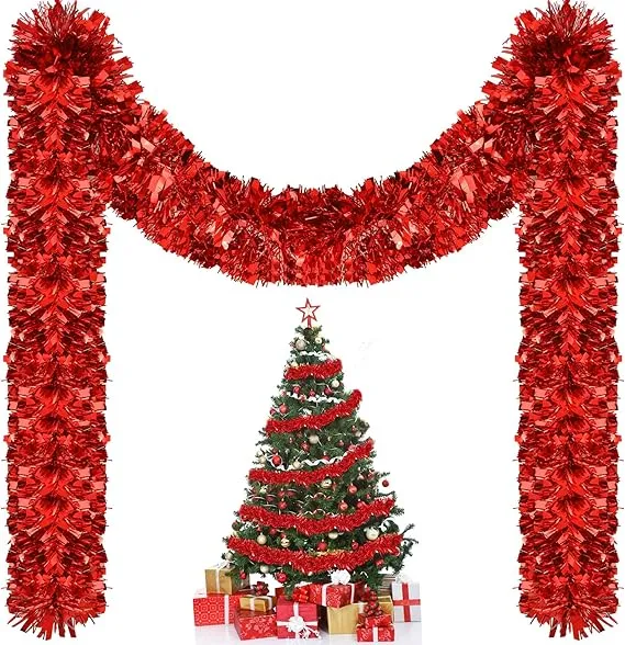 Riceshoot 131.23 ft Christmas Tinsel Garland Metallic Tinsel Twist Garland Bulk Christmas Tree Decorations Christmas Tinsel Glittering Hanging Garlands for Xmas Party Decor (Maple Leaf Red)