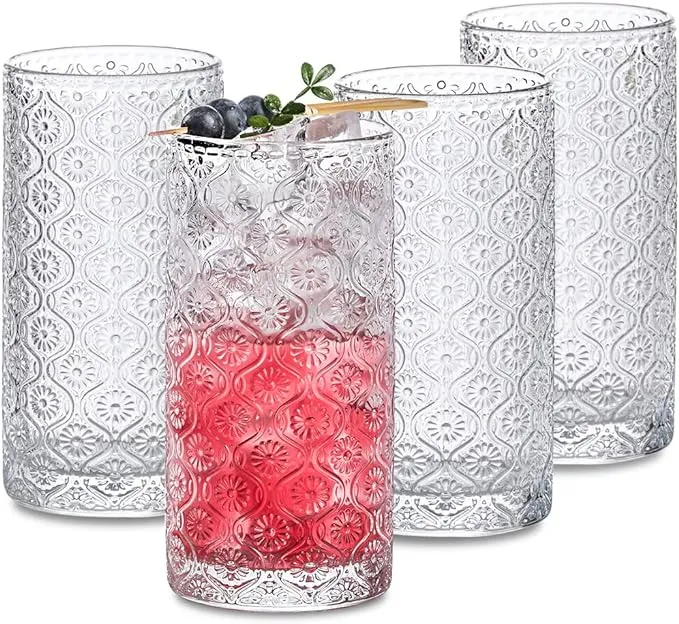 SoulTimes Glass Cups Vintage Glassware Set of 4, Drinking Glasses 12.5oz, Embossed Pattern Style Transparent Cocktail Glasses