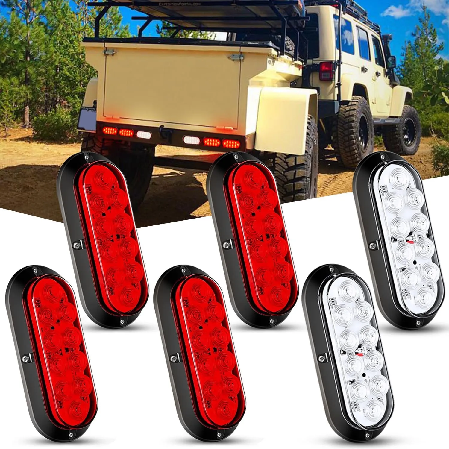 Nilight 6Inch Oval Red White LED Trailer Tail Light 6PCS Waterproof Stop Brake Turn Reverse Back Up Surface Mount Trailer Lights for Truck RV Boat Bus Lorry Van Caravan