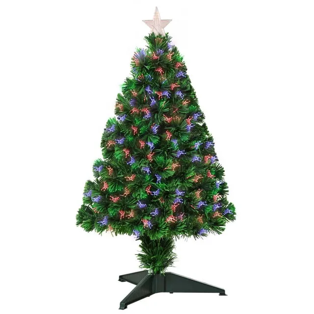 HOMCOM 2.5ft Tall Pre-Lit Douglas Fir Tabletop Artificial Christmas Tree with Realistic Branches, Fiber Optic LED Lights and 85 Tips, Green