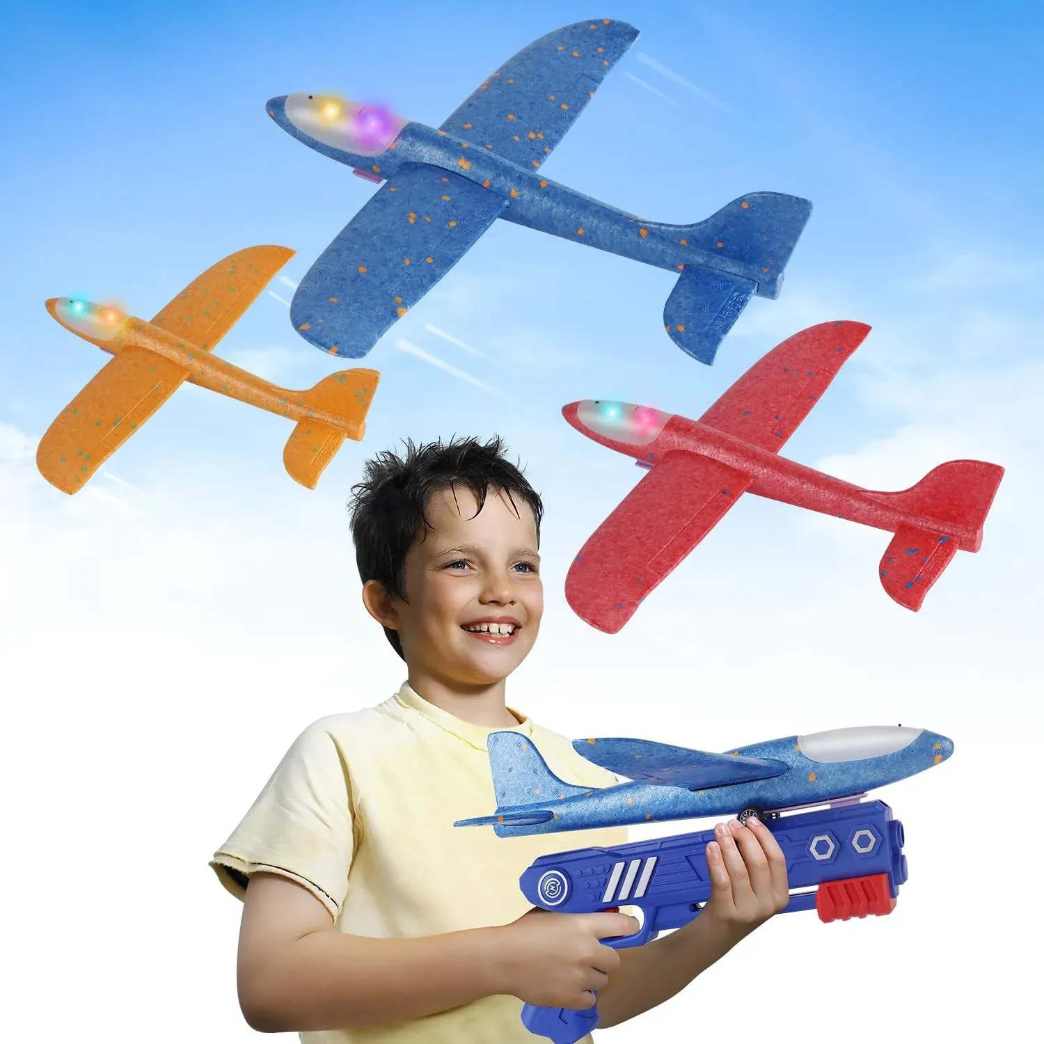 MOZSOY 3 Pack Airplane Launcher Toys, 2 Flight Modes LED Foam Glider Catapult ...