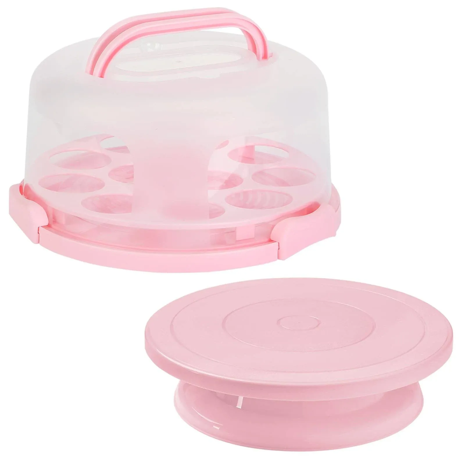 Cake Carrier, Carrier Cupcake Holder with Cake Turntable, Cake Carrier with Lid and Handle(Pink)