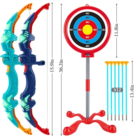 Growsly 2 Pack Bow and Arrow Set Toy for Kids with LED Flash Lights and 12 Sucti