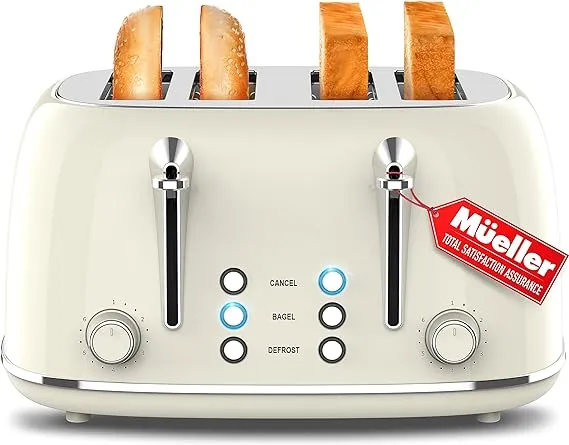 Mueller Retro Toaster 4 Slice with Extra Wide Slots Bagel, Defrost, and Cancel Function, 6 Browning Levels, Dual Independent Controls, Removable Crumb Tray and High Lift Levers, Beige