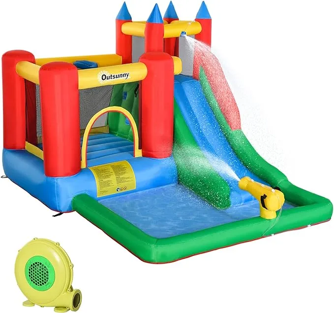 Outsunny 6-in-1 Kids Bounce House Inflatable Water Slide with Pool