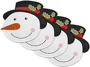 OWENIE Christmas Placemats Set of 4, Xmas White Snowman Round Place mats for Holiday Kitchen Dining Table, Burlap Embroidered Doilies with Red and Green for Kids, Xmas, Parties, Machine Washable