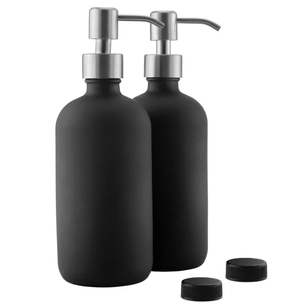 16oz Black Glass Bottles w/ Stainless Steel Pumps (2-Pack); Black Coated Boston Round; Lotion, Hand Care & Soap Dispensers