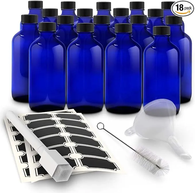 Nevlers 18 PK 8 oz Glass Bottles with Lids | Leakproof Cobalt Blue Glass Bottle | Small Glass Bottles for Vanilla Extract Homemade, Medicine Bottles, Extract Bottles, & Apothecary Bottles with Caps