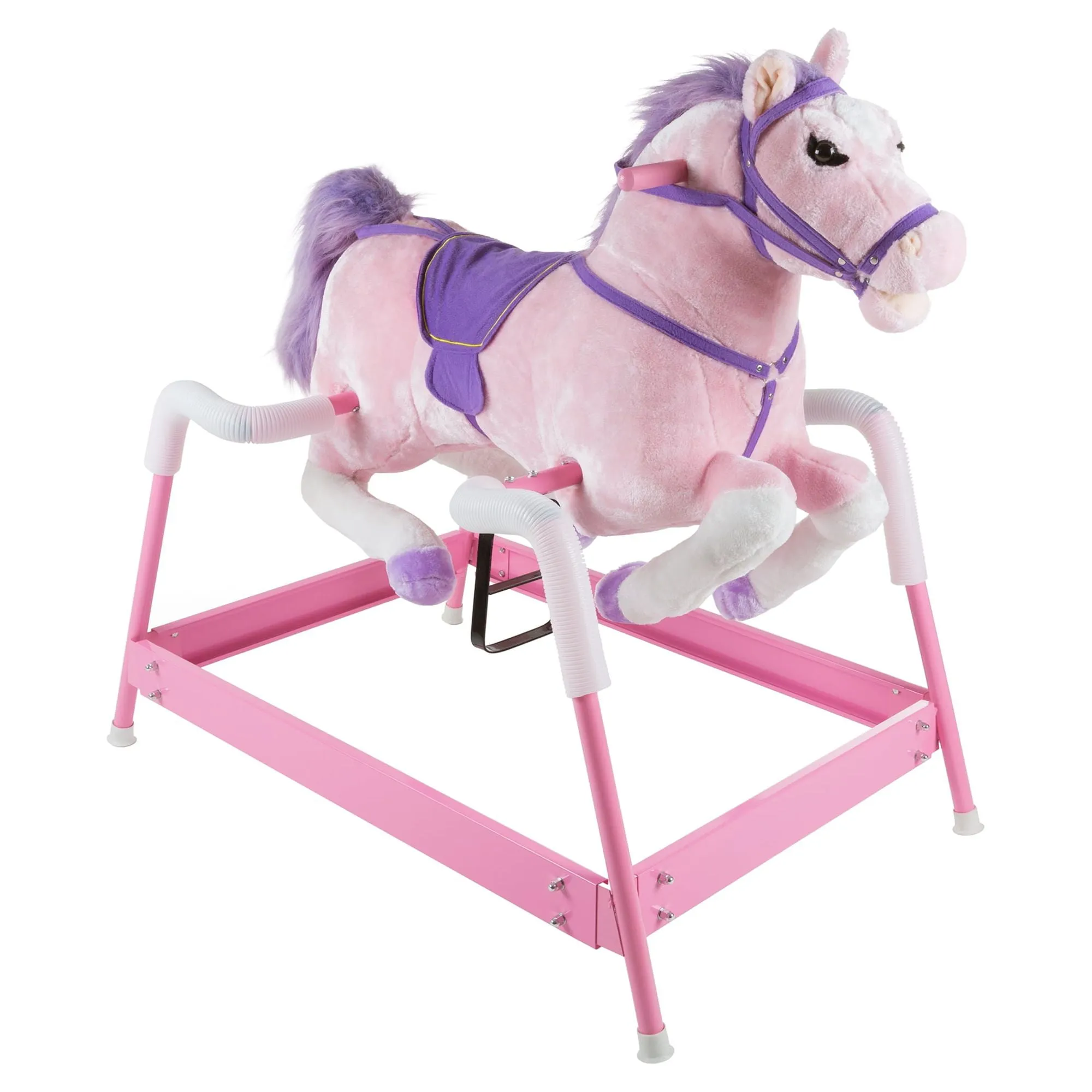 Spring Rocking Horse Plush Ride on Toy with Adjustable Foot Stirrups and Sounds ...