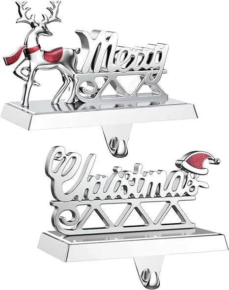 Merry Christmas Stocking Holders Set of 2 - Christmas Reindeer Mantle Stocking Hangers - Weighted Shiny Silver Metal Deer Home Holiday Décor