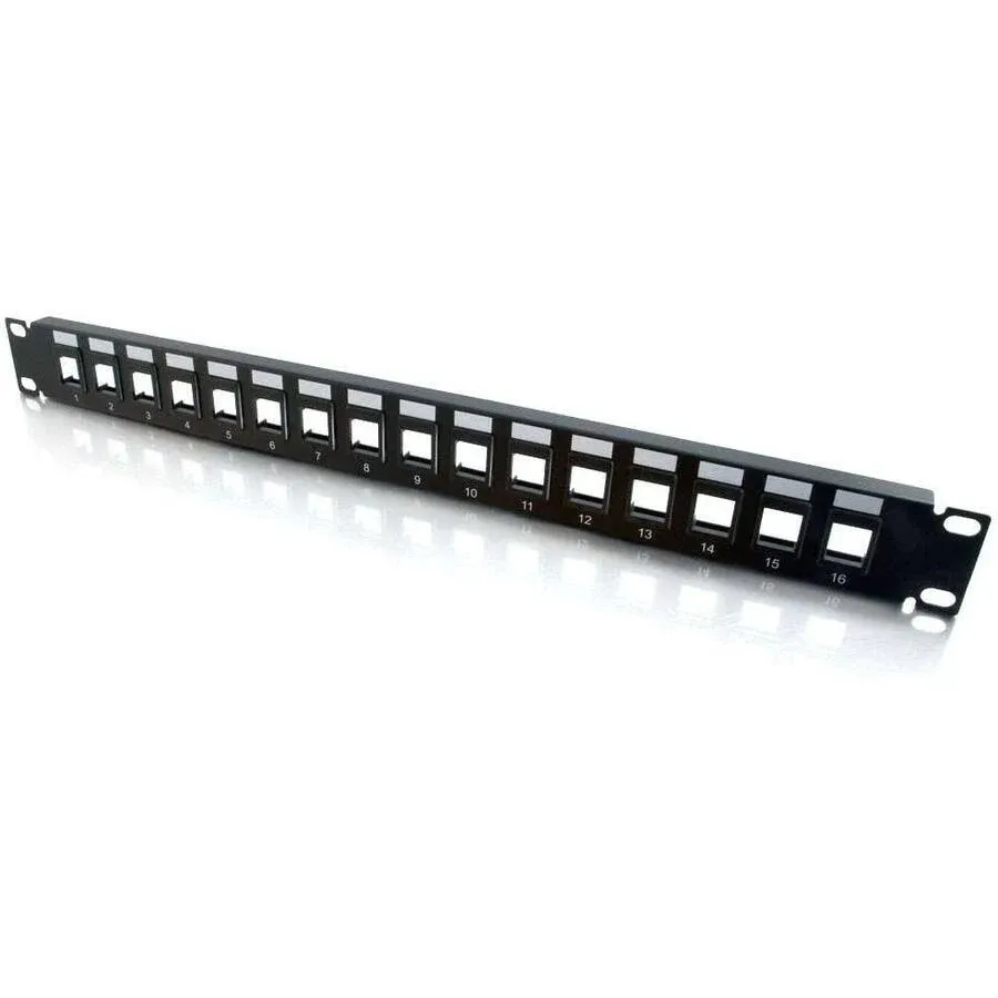 C2G Legrand 16 Port Patch Panel, Ethernet Keystone Panel with Blank 1U Keystone, Keystones for Ethernet Cables Work with Snap-in Jack, Including Cat6, Black, 1 Count, C2G 03858