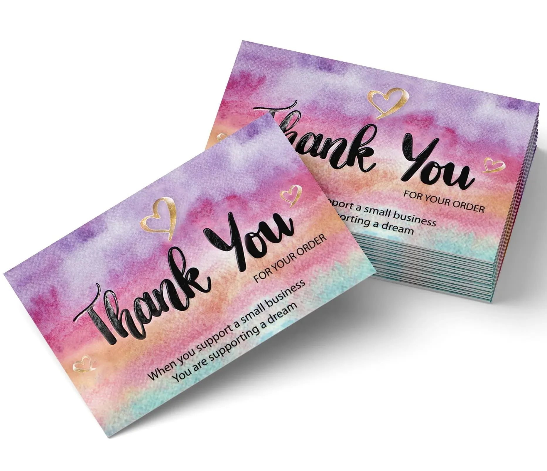 Thank You Cards Small Business – Thank You for Supporting My Small Business Thank You Cards – Watercolor with Gold Foil Hearts Accents – 3.5 x 2 Inches 100 pcs – 300GSM Card Stock