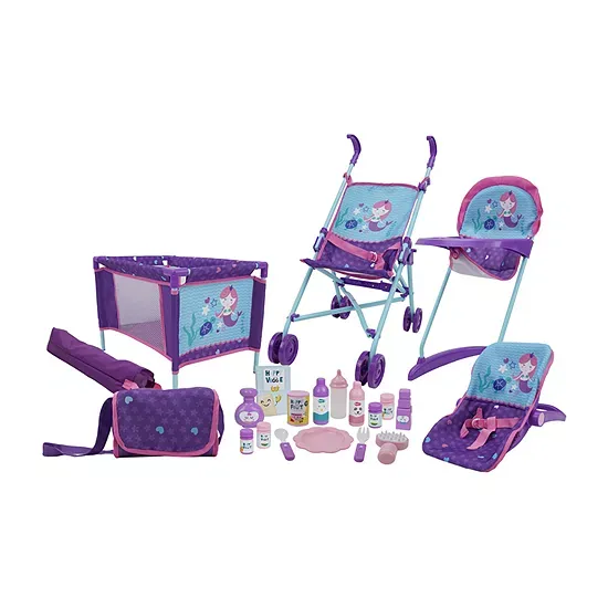 509 Crew Mermaid 21 Piece Set: Doll Stroll n Play & Care Set - Includes Stroller, Car Seat, Highchair, Play Yard, 15 Piece Accessories, & Diaper Bag/Handbag, Kids Pretend Play Ages 3+ (T818028)