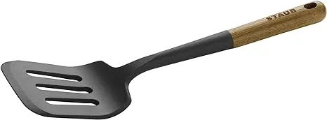 STAUB Wok Spatula, Perfect for Scooping, Flipping, Stirring, and Turning Stir Fries, One Size, Durable BPA-free Matte Black Silicone, Acacia Wood Handles, Safe for Nonstick Cooking Surfaces