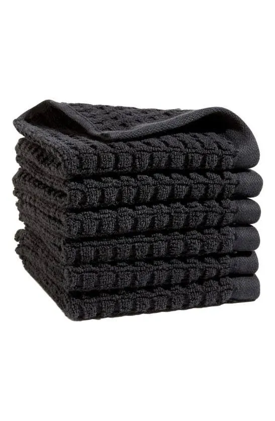 DKNY Quick Dry 100% Cotton Towels, 6 Pack Washcloths - 12 x12, Black