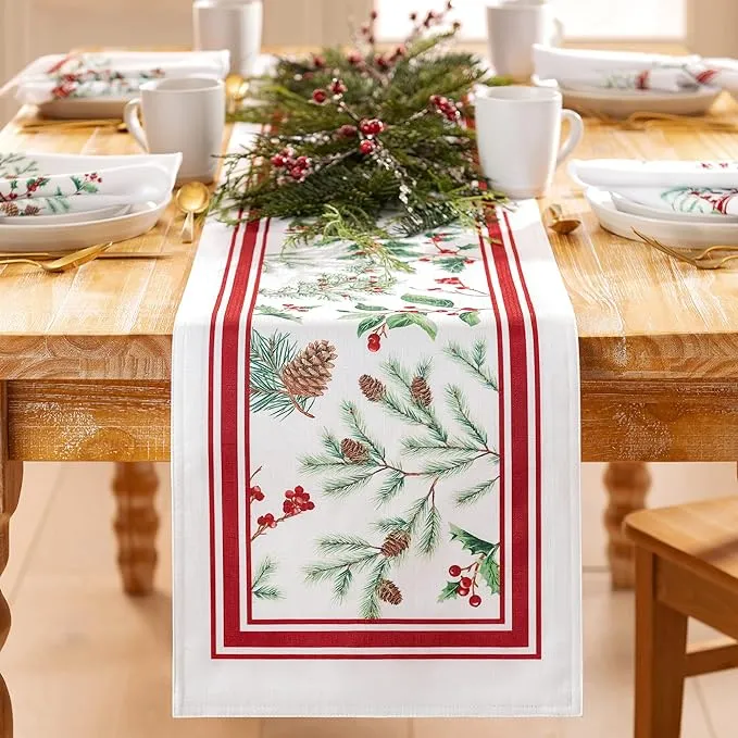 Elrene Home Fashions Winter Holiday Berry Fabric Bordered Table or Console Runner, Christmas Table Decor, 13" x 70"