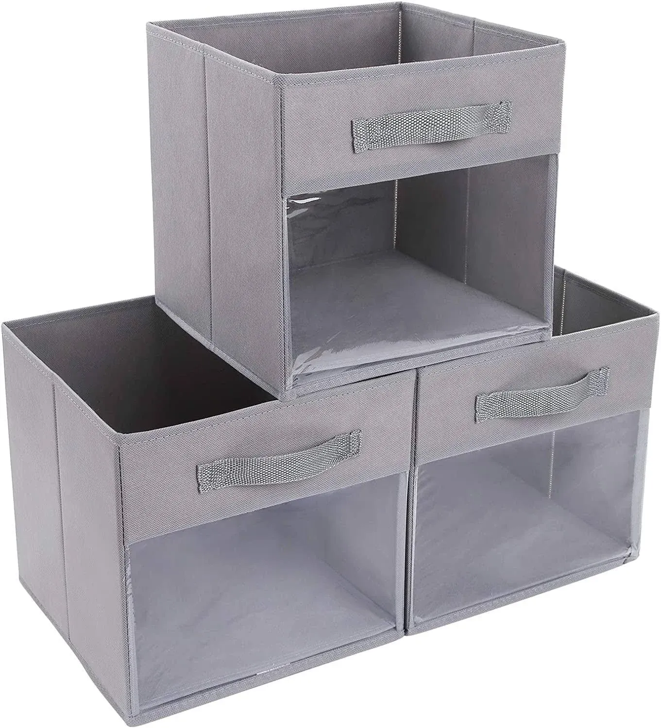 DIMJ Cube Storage Bins, 3 Packs Clear Window Fabric Storage Bin Organizer for Closet Shelves Home Storage Cubes Organizer with Handles