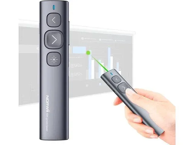 Norwii N95 Presentation Clicker with Green Light Pointer for presentations, PowerPoint Clicker for Presentation Remote, Long Range Wireless Presenter, USB-C Rechargeable (Grey with Green Light)