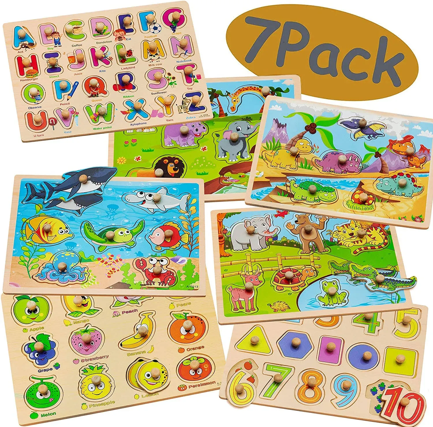 7 Pack Wooden Puzzles for Toddlers 2 3 4 5 Years Old - 7 Colorful Chunky Wood Peg ...