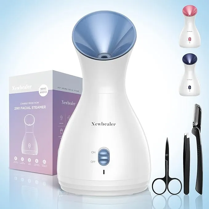 Newbealer 2in1 Facial Steamer, Hot Mist Facial Aromatherapy Humidifier Atomizer, Large Face Steamer Unclogs Pores Sinuses Moisturizing, Home Sauna Spa with Eyebrow Set (Blue, 170 ml)