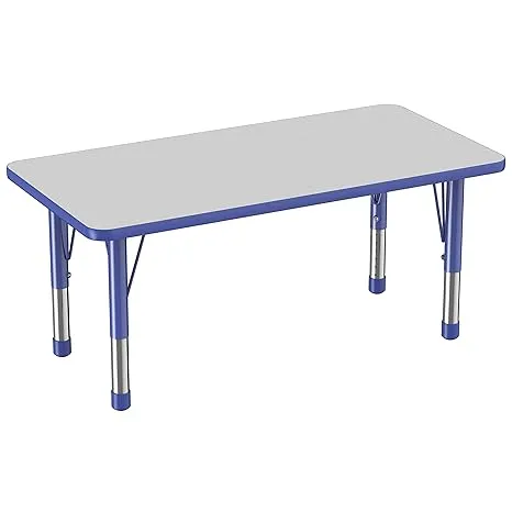 FDP Rectangle Activity School and Kids Classroom Table (24 x 48 inch), Toddler Legs, Adjustable Height 15-24 inches - Gray Top and Blue Edge