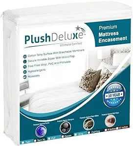 PlushDeluxe Queen Size Premium Mattress Encasement - Zippered Waterproof, Bedbug Proof Design, 6-Sided Protection - Hypoallergenic Cotton Terry Fabric 9-12" Depth