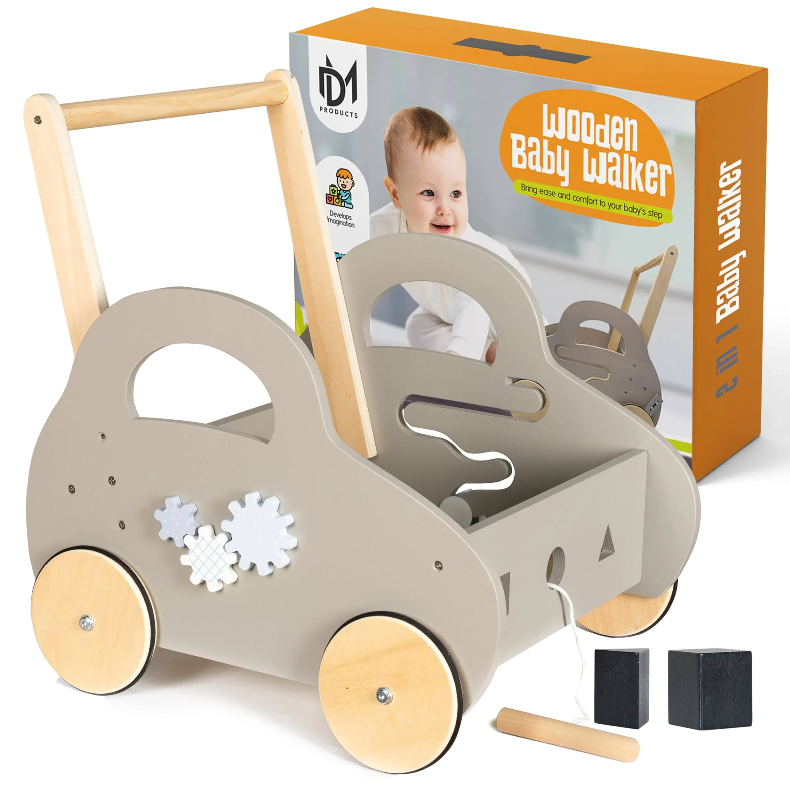 DM Products Wooden Baby Walker with Wheels - Baby Walker with Wheels & Handle ...