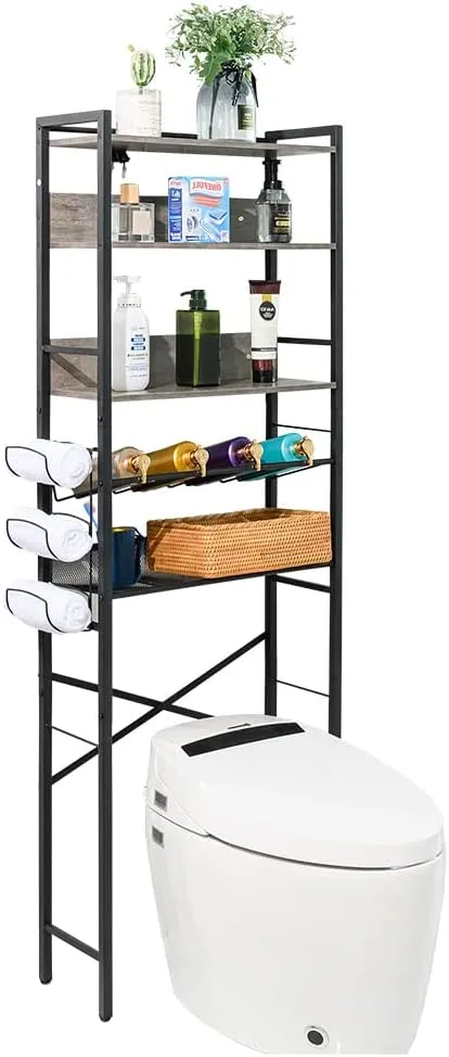 Over The Toilet Storage 5-Tier Bathroom Organizer Shelf Over Toilet Wooden Freestanding Toilet Rack (Oak)