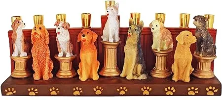 Aviv Judaica Dogs and Puppies Earthenware Hanukkah Menorah for Kids, Adults by Jessica Sporn - Sculptured Dog Candle Menorah fits Standard Chanukah Candles Functional Collectible Menorahs