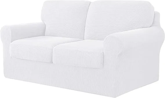 CHUN YI 5 Piece Stretch Loveseat Sofa Cover, 2 Seater Couch Slipcover with Two Separate Backrests and Cushions with Elastic Band, Checks Spandex Jacquard Fabric(Medium,White)