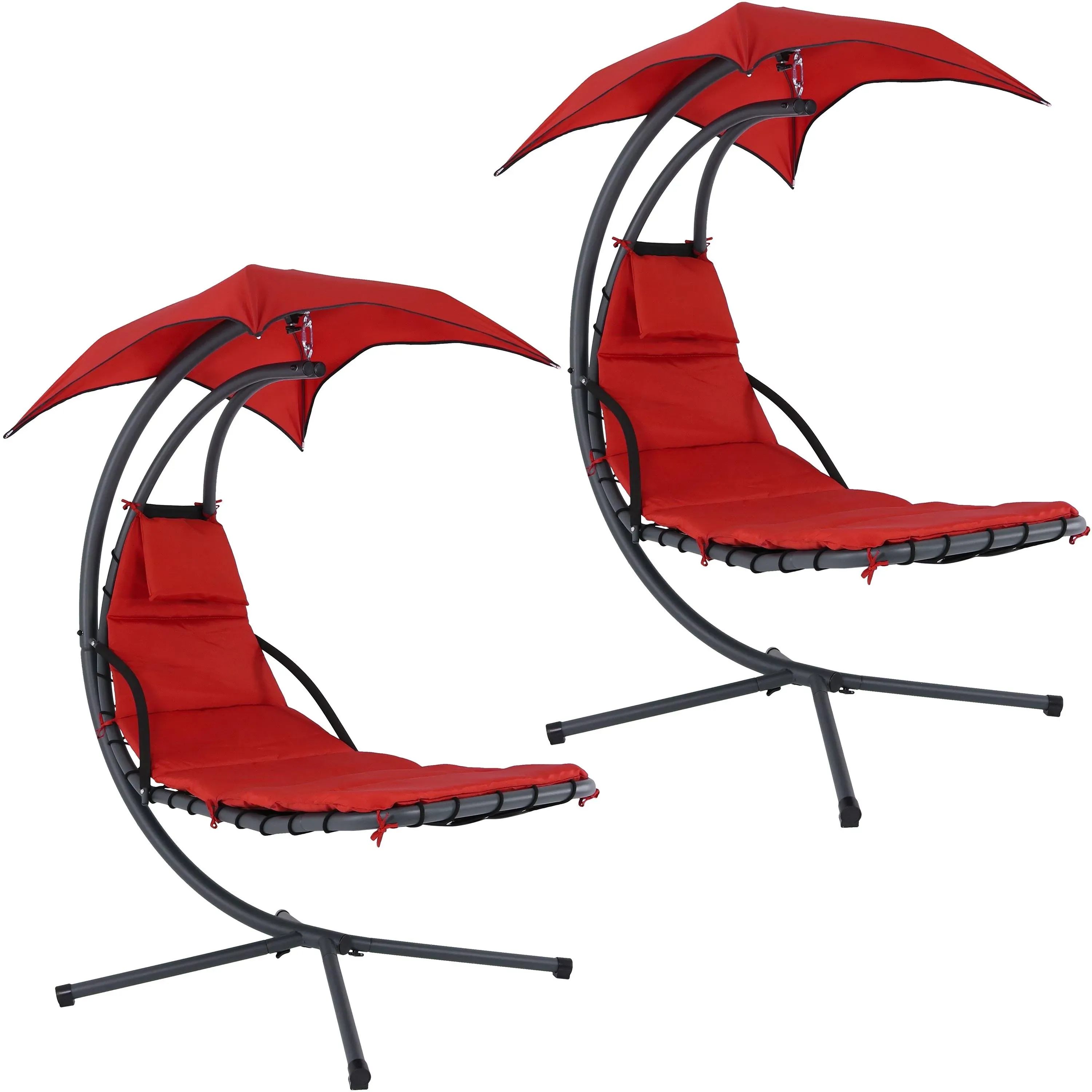 Sunnydaze Floating Chaise Lounger - Outdoor Hanging Patio Swing Chair with Canopy and Arc Stand - 260-Pound Capacity - Red - 79 Inches Long