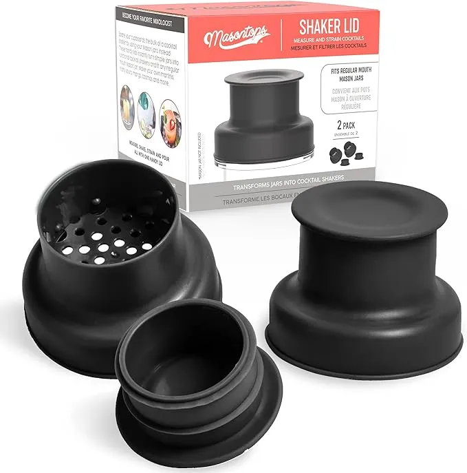 Masontops Cocktail Shaker Lids – Compatible with any Regular Mouth Mason Jar – 2-Pack with 1oz Jigger Caps - Black