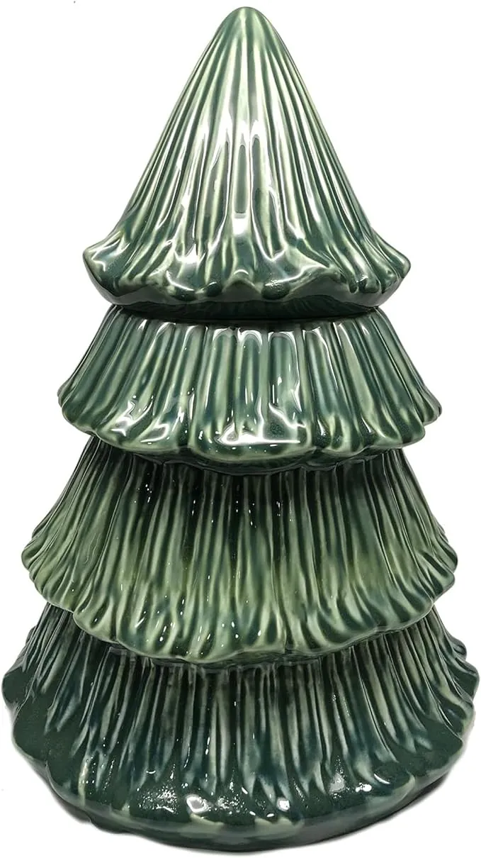 Mary Square 46367 Forest Green Christmas Tree 13 inch Hand Painted Ceramic Cookie Jar Canister