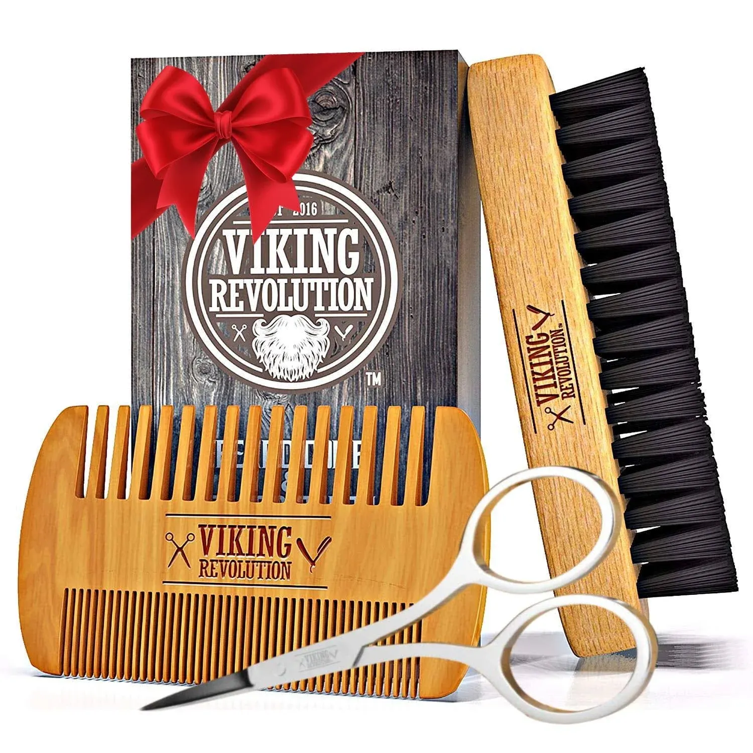 Beard Comb &amp; Brush Set for Men Natural Boar Bristle &amp; Dual Action Pear Wood Comb