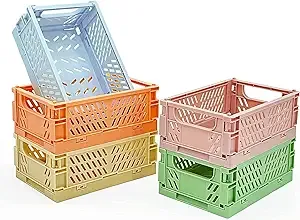 MONKISS 5-Pack Mini Baskets Plastic for Desk Organizers, Collapsible Crate Stacking Folding Storage Baskets for Home Kitchen Bedroom Bathroom Office