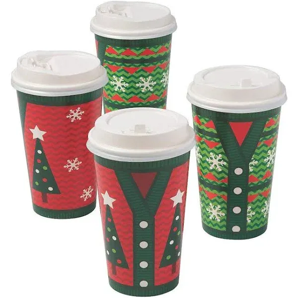 Fun Express Ugly Sweater Insulated Coffee Paper Cups with Lids - Party Supplies ...