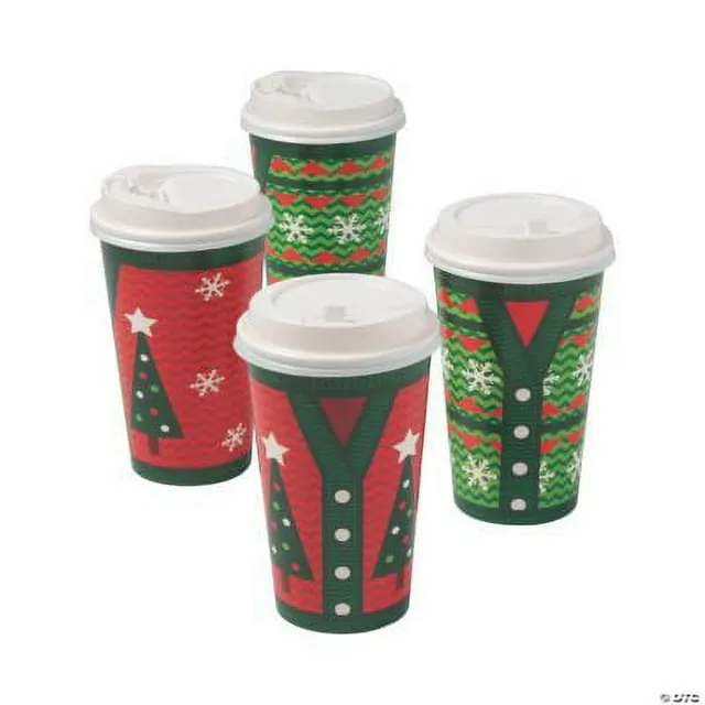 Fun Express Ugly Sweater Insulated Coffee Paper Cups with Lids - Party Supplies ...