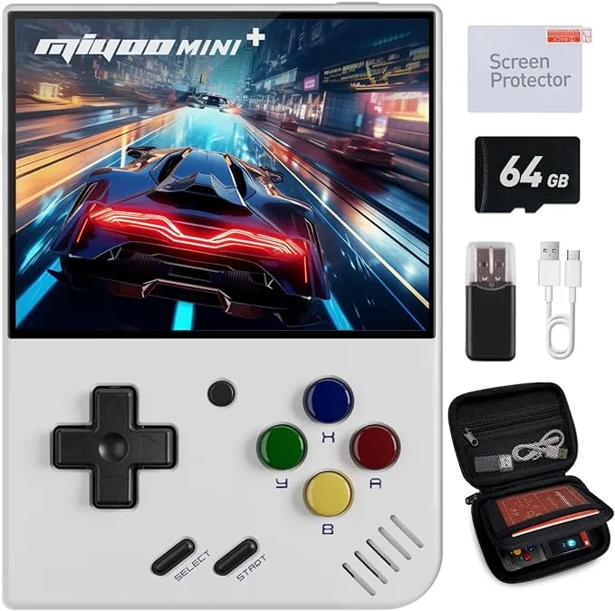 Migofee Miyoo Mini Plus Handheld Game Console, with Dedicated Storage Case, 3.5 inch IPS 640x480 Screen, 64G TF Card with 10,000+ Games, 3000mAh 7+ho