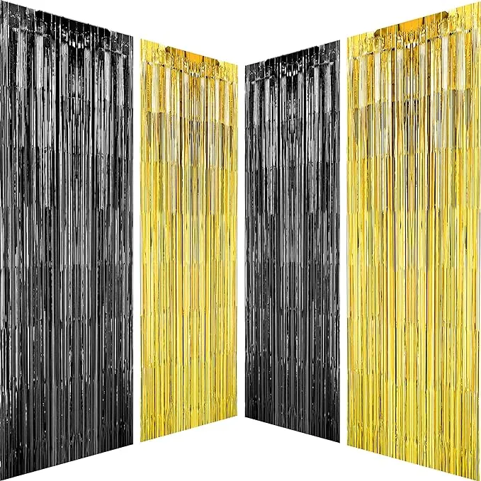 Black Gold Party Tinsel Foil Fringe Curtains - Bachelorette Wedding Graduation