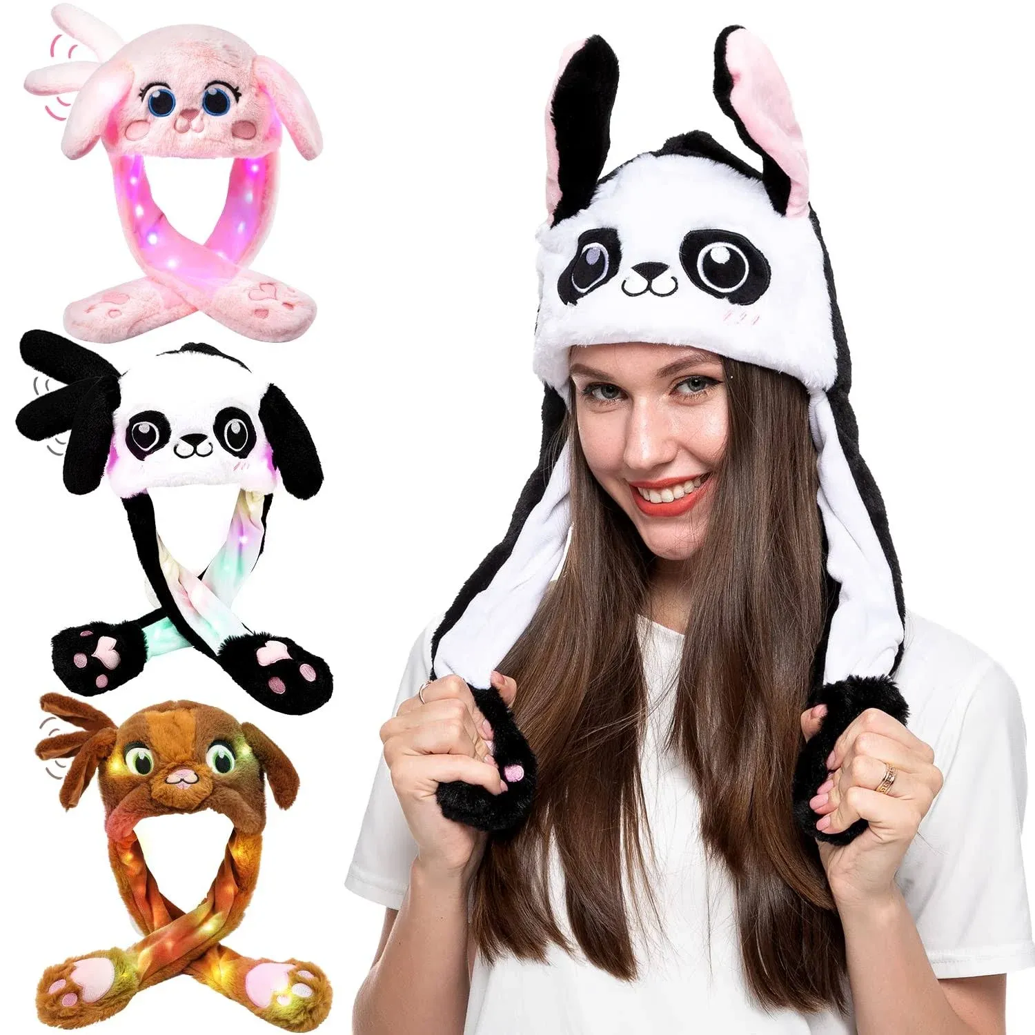 Spooktacular Creations 3PCS LED Bunny Hat with Moving Ears Plush Cute Rabbit Panda Puppy Animal Hat Cap Funny Jumping Rabbit Hat for Women Girls Halloween Christmas Cosplay Party Hat