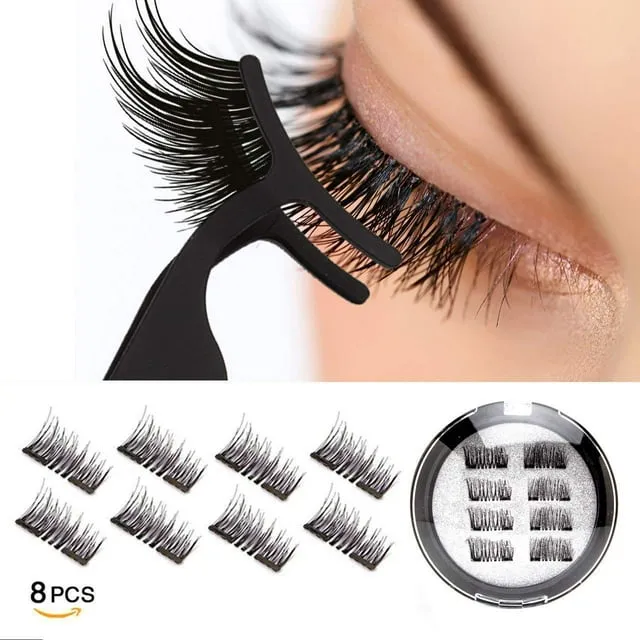 Dual Magnetic Eyelashes 0.2mm Ultra Thin Magnet Light weight & Easy to Wear Best 3D Reusable Eyelashes with Applicator (8 PC with Tweezers)