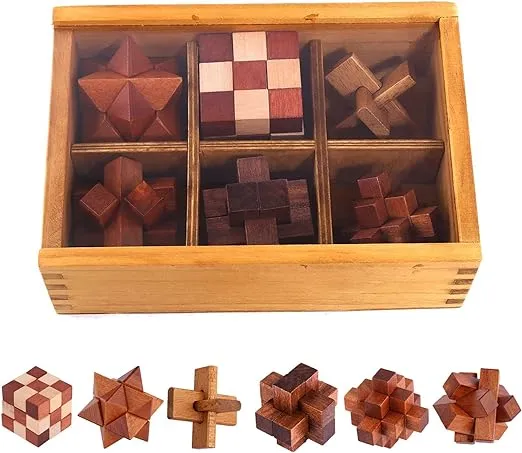 VolksRose 6pcs Wooden Brain Teaser Puzzles, IQ Challenge Puzzle Games, Logic Smart Mind Puzzle Box Lock Toy Removing Assembling 3D Small Puzzle Gift Set for Adults Teenagers Kids, 1.8inch 4.5cm