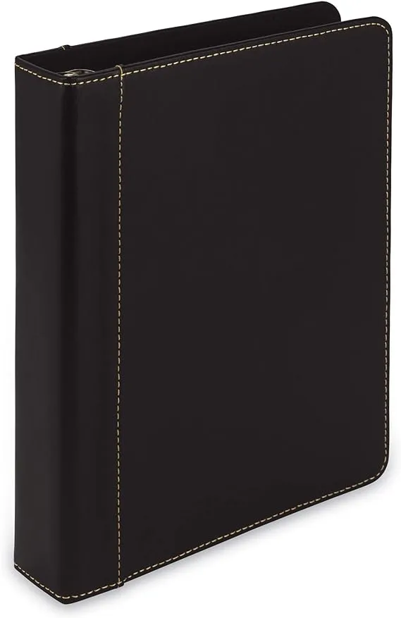 Samsill 1" Junior Size 3 Ring Binder, Leather, Black with Contrast Stitching, Holds 8.5 x 5.5" Paper, 3 Rings, Notebook Binder, Portfolio Organizer, Planner, Journal