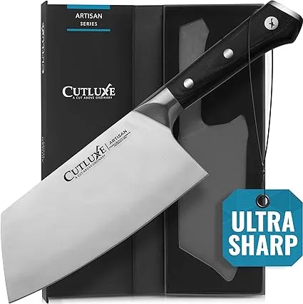 Cutluxe Meat Cleaver Knife - 7" Heavy Cleaver Butcher Knife, Razor Sharp German Steel Blade, Full Tang, Ergonomic Handle Design – Artisan Series