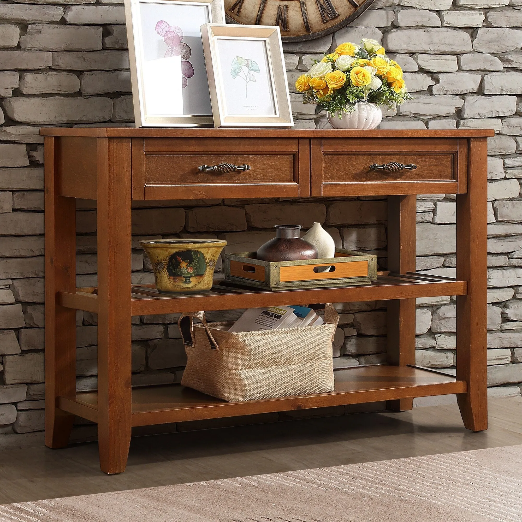 Console Table with 2 Storage Drawers and 2 Tiers Shelves, Mid-Century Modern Sideboard, Entryway Table